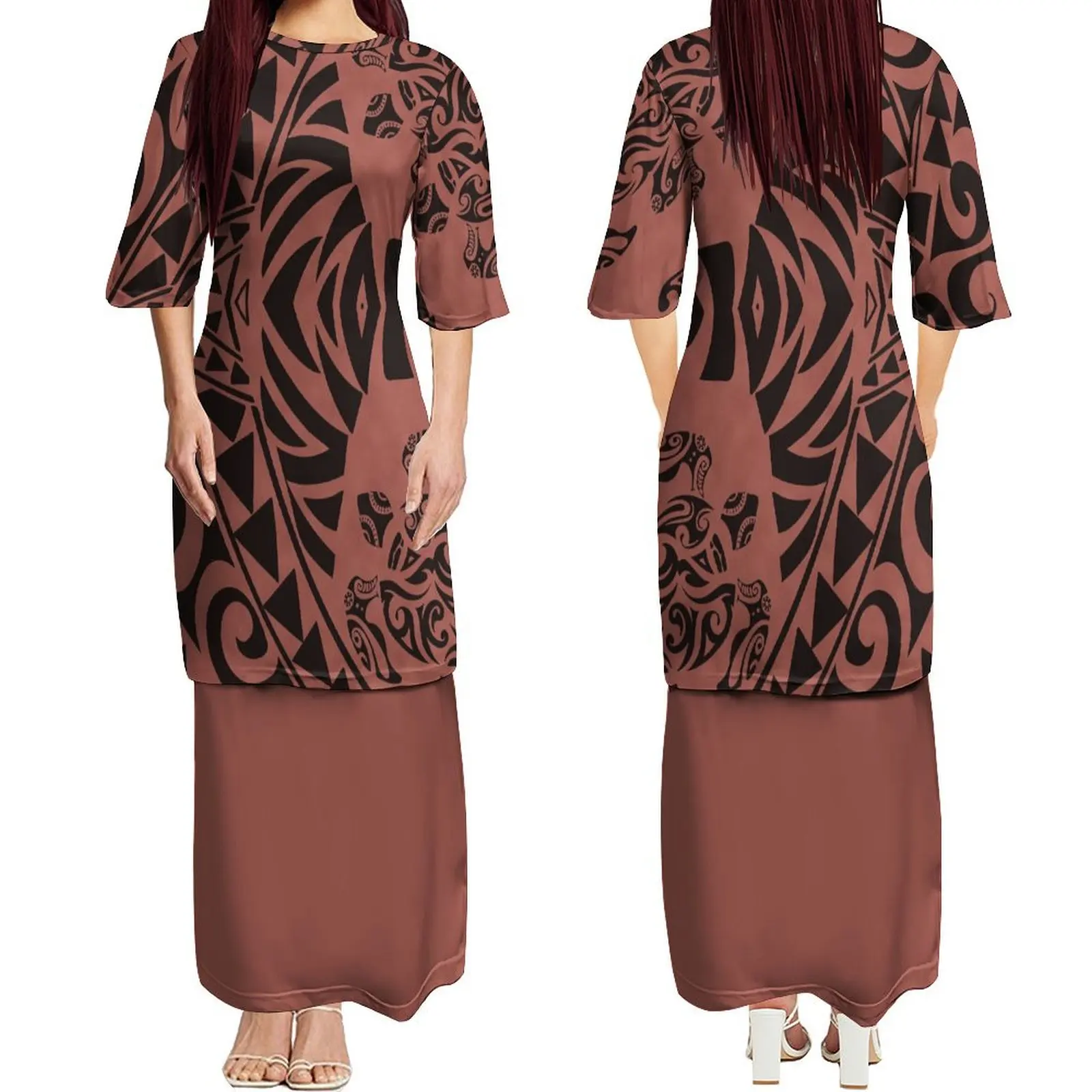 Women'S Summer Party Breathable Dress Samoan Design Round Neck Mid-Sleeve Slim-Fit Dress Puletasi Dress