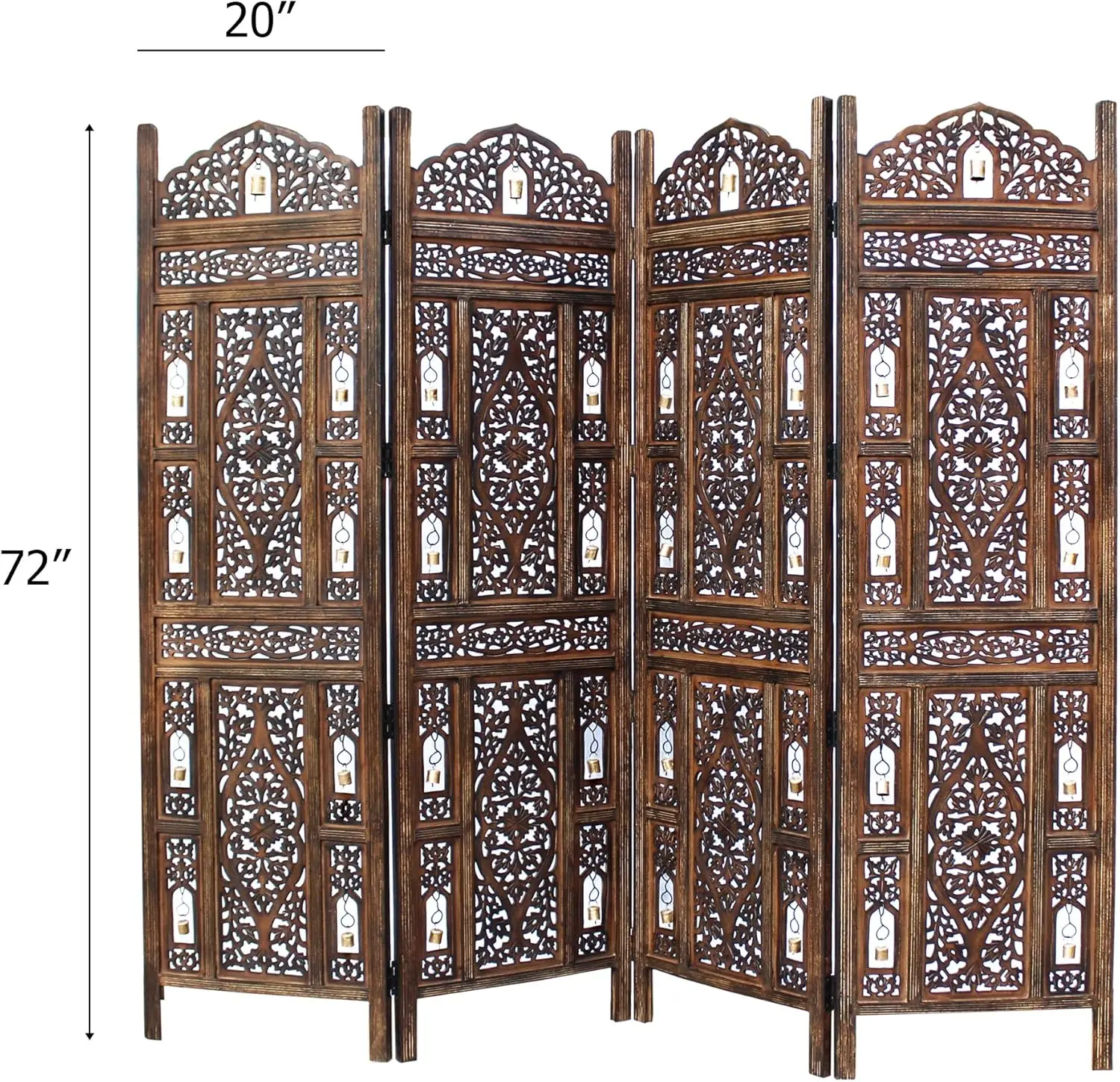 Écran de séparation en bois - Ghanti Bells Marron antique - 4 panneaux pliants 72 x 80 - Décoratif sculpté à la main assemblé