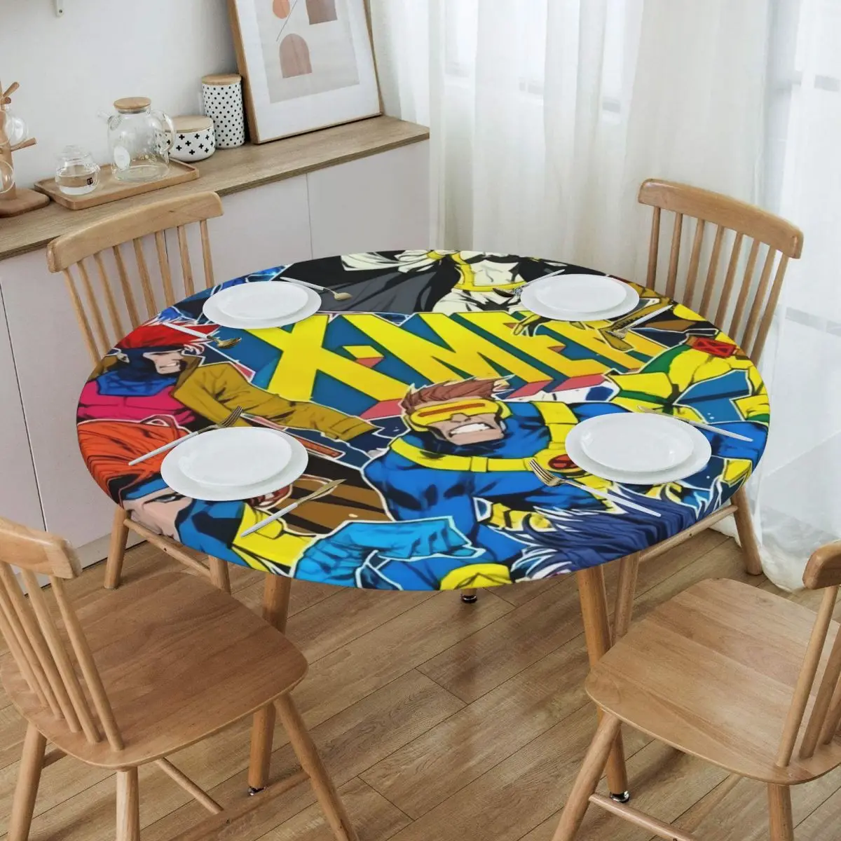 Custom Round Oilproof Disney X-Men Marvel Film Table Cover Elastic Table Cloth Backing Edge Tablecloth for Dining