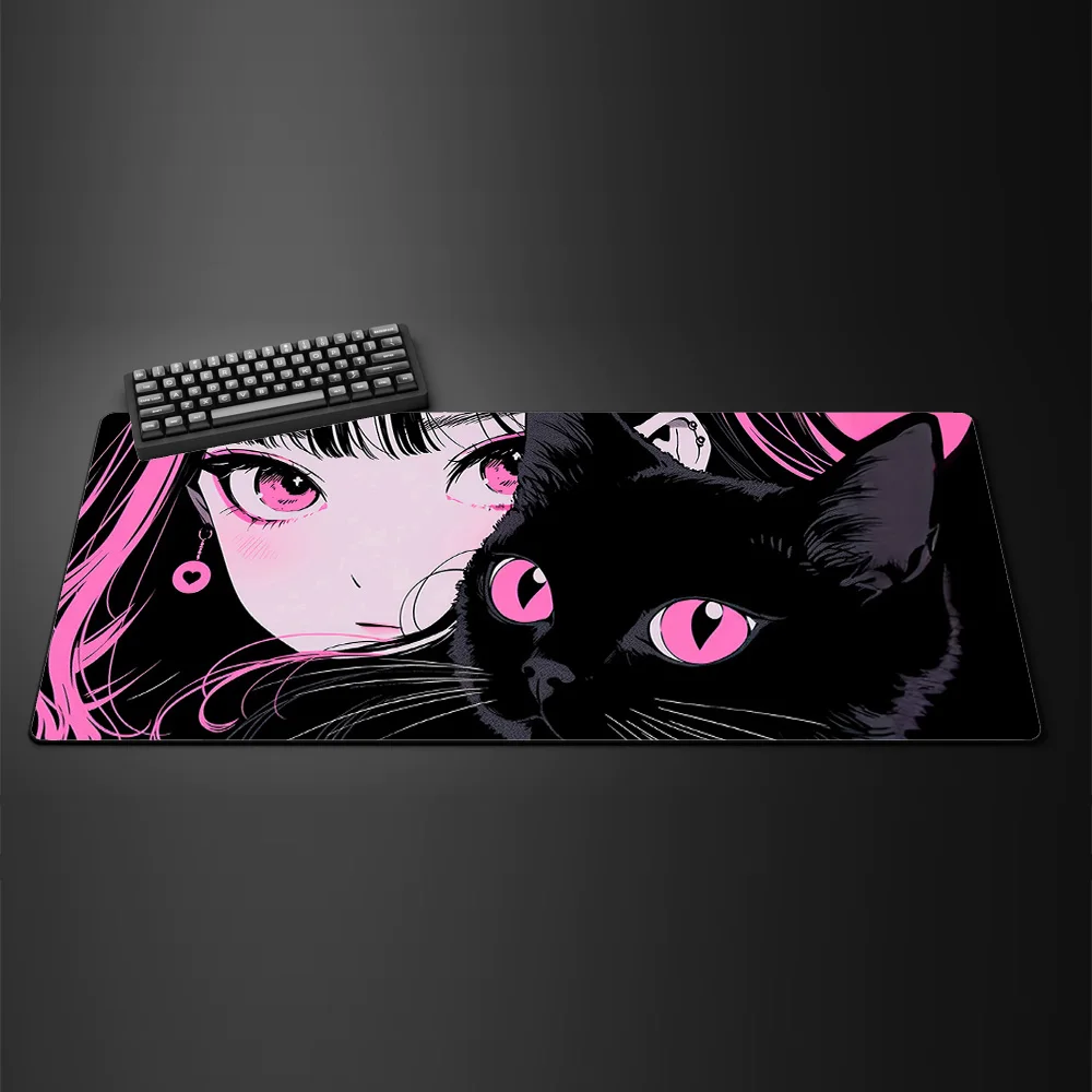 Mouse Pad Girl and Black Cat Gaming Mouse Pad with Stitched Edges and Anti-Slip Rubber Base Extended Mousemat Gaming Accessories