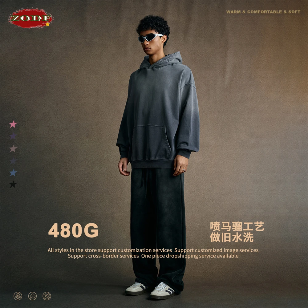 ZODF Vintage 480gsm Monkey Washed Gradient Cotton Hoodies For Man Unisex Retro High Street Distressed Hooded Pullovers  HY1147