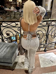 Weird Puss Bandage Knit Halter Jumpsuits+Glove Women Stretch Sexy Club Backless Hollow Skinny Street Stacked Workout Overalls
