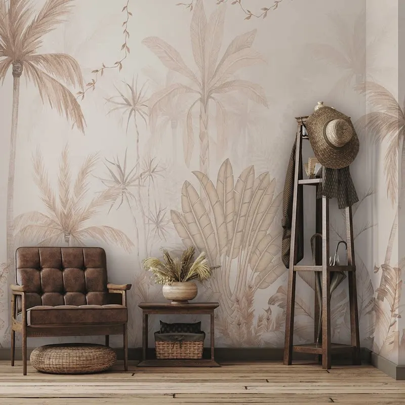 Customize wallpaper of any size French style cream color tropical rainforest forest plant tree leave background wall wallpaper