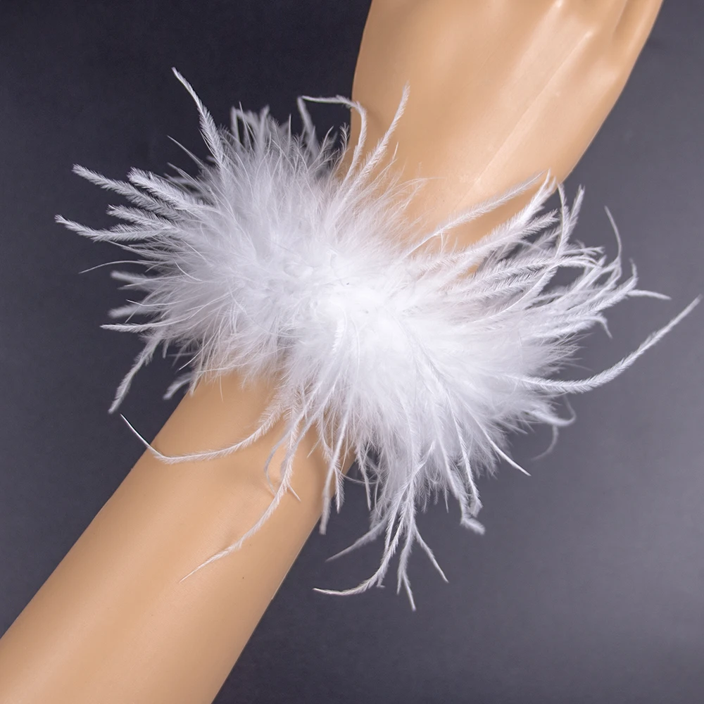 Natural Ostrich Feather Wrist Cuffs Long Sleeve 2pcs Women White Cuffs with Feathers Hair Headwear  Accessories Fur Bracelets