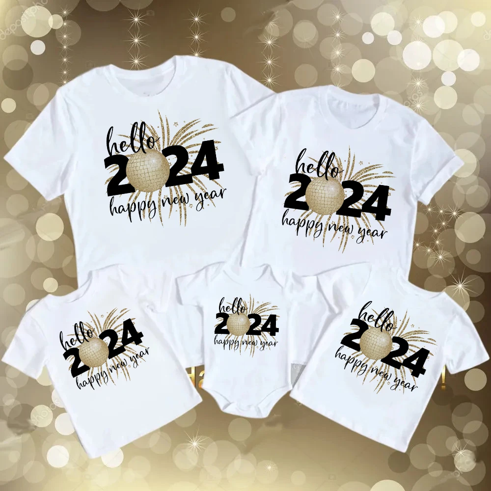 Hello 2024 Happy New Year Family Matching Outfits Dad Mom Kids Shirt Baby Bodysuit Family T-shirt Holiday Party Family Clothes