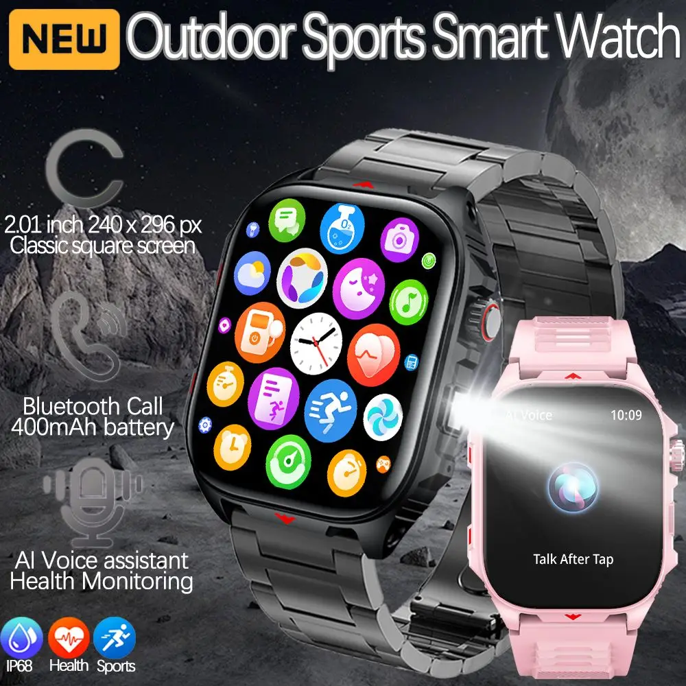 

Спортивные умные часы для мужчин, 2,01 дюйма, HD-экран, светодиодный фонарик, 400 мАч, большая батарея, водонепроницаемые умные часы с пульсометром и вызовом BT, 2025 г.