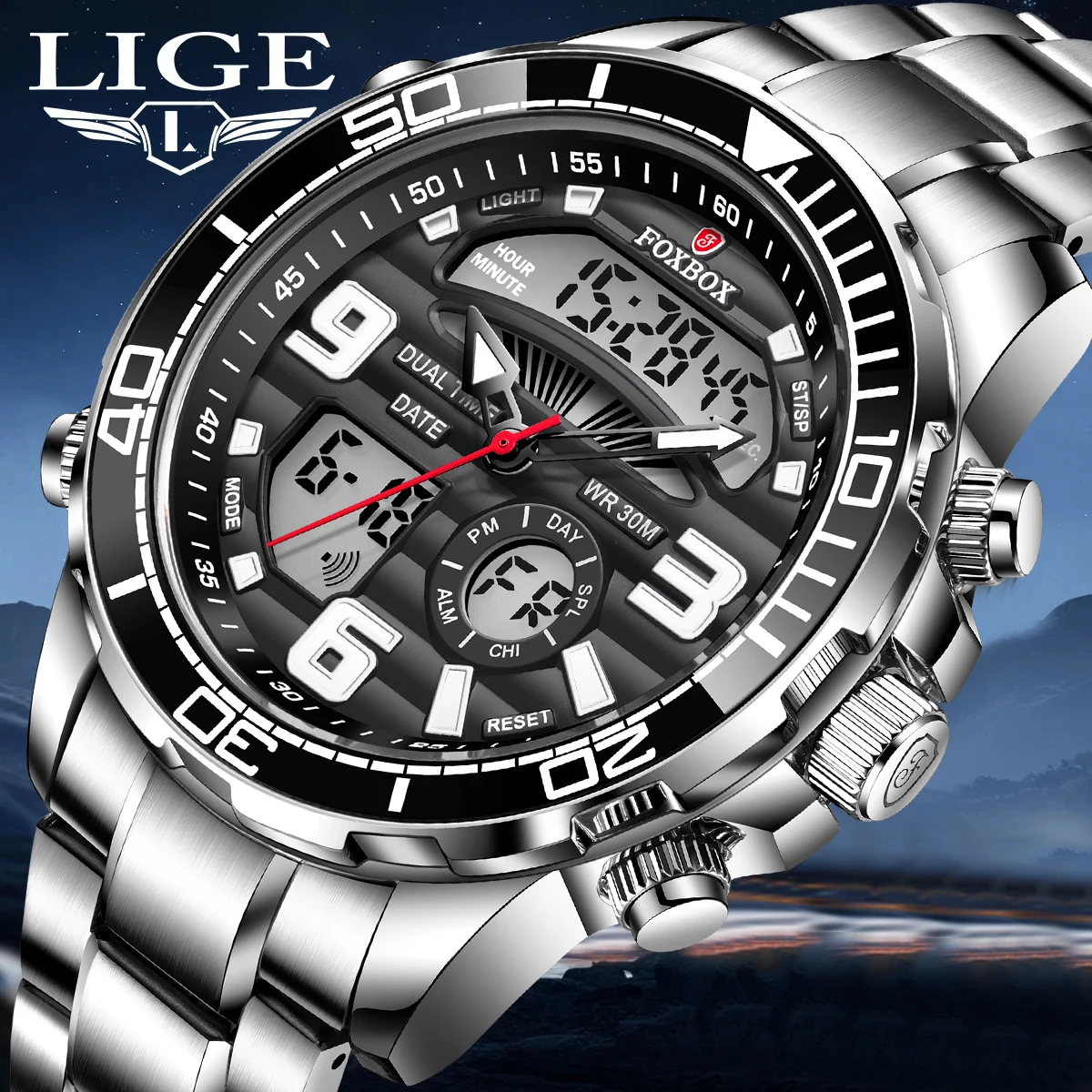 LIGE Dual Display Watch For Men Fashion Military Sport Men\'s Quartz Wristwatches Top Brand Luxury Waterproof Digital Watch Men