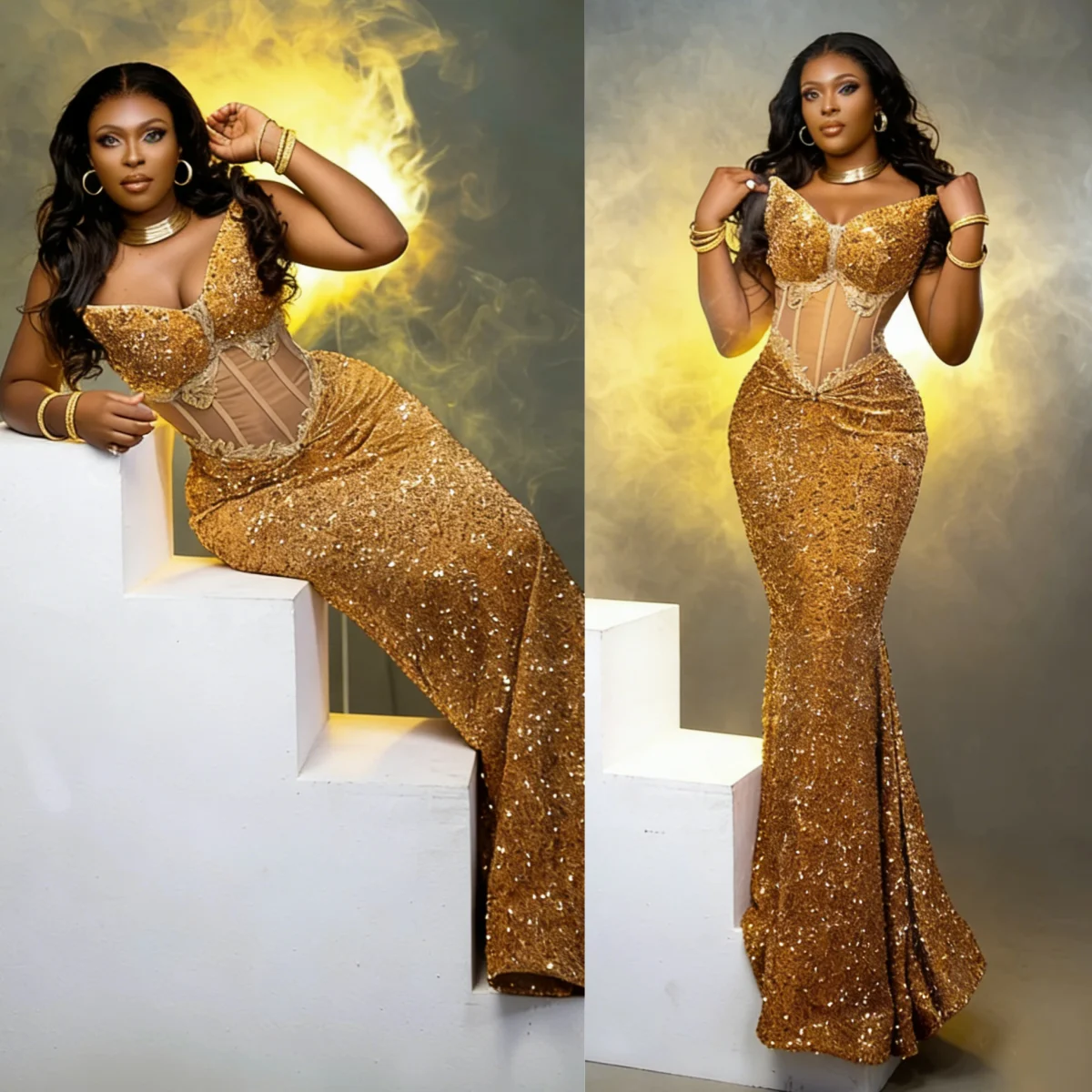 

Luxury Gold Sparkling Evening Dress Strapless V-neck Mermaid Ball Dress Formal Wedding Party Dress Customized