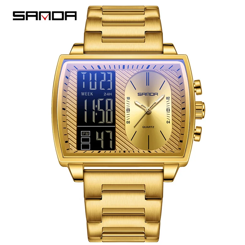 SANDA 6238 Мужские кварцевые часы Модный тренд Ремешок из нержавеющей стали Многофункциональные часы с двойным дисплеем