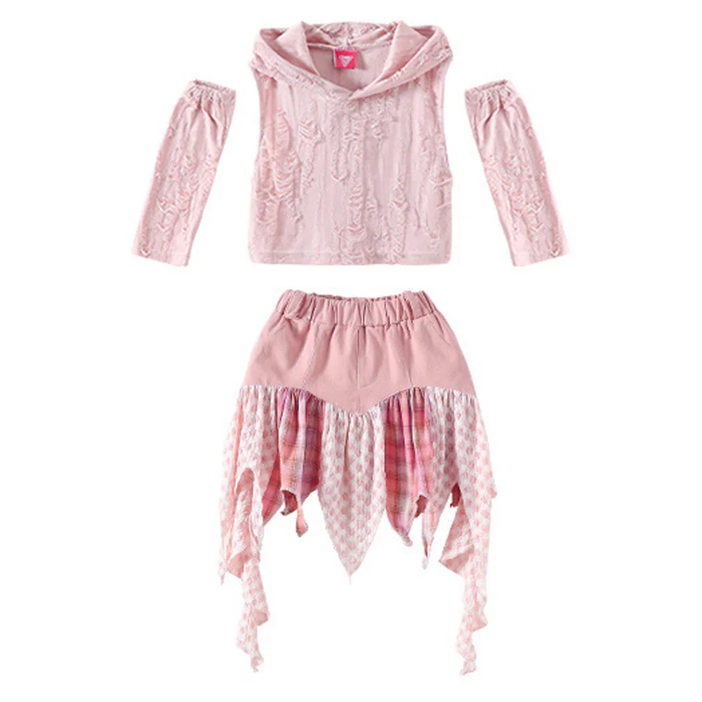 Hip Hop Girls Clothes Kids Jazz Street Dance Costume Pink Hooded Top Pink Petal Skirt for Child Performance Outfit