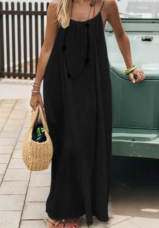 

2026 Season New Women's Elegant Sexy Backless Camisole Long Skirt Ice Silk Wrinkled Solid Color Pleated Beach Vacation Skirt
