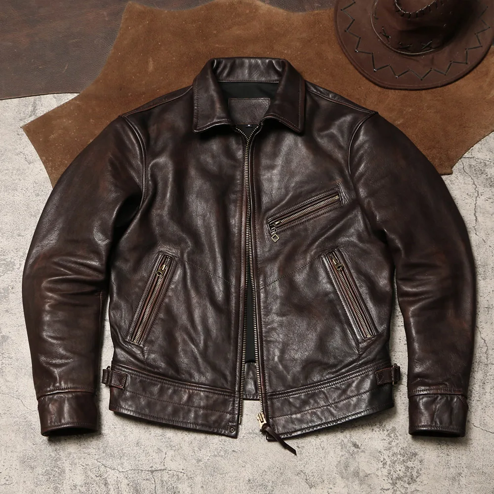

Tailor Brando Mulholland Vintage Aged Leather Jacket Men's Lapel Genuine Leather Jacket Tea Core Cowhide Jacket