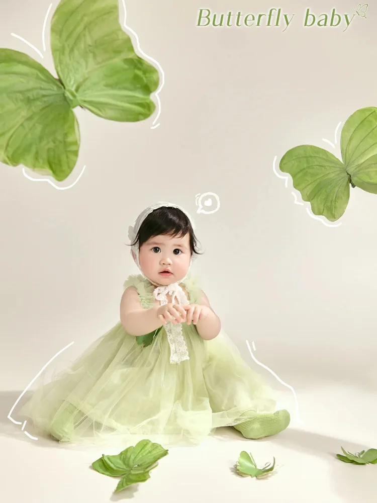 1歳の誕生日マイルストーン写真撮影用衣装-グリーンチュールスリップドレス-レースヘッドスカーフセット-女の赤ちゃん妖精コスチューム-スタジオ撮影用