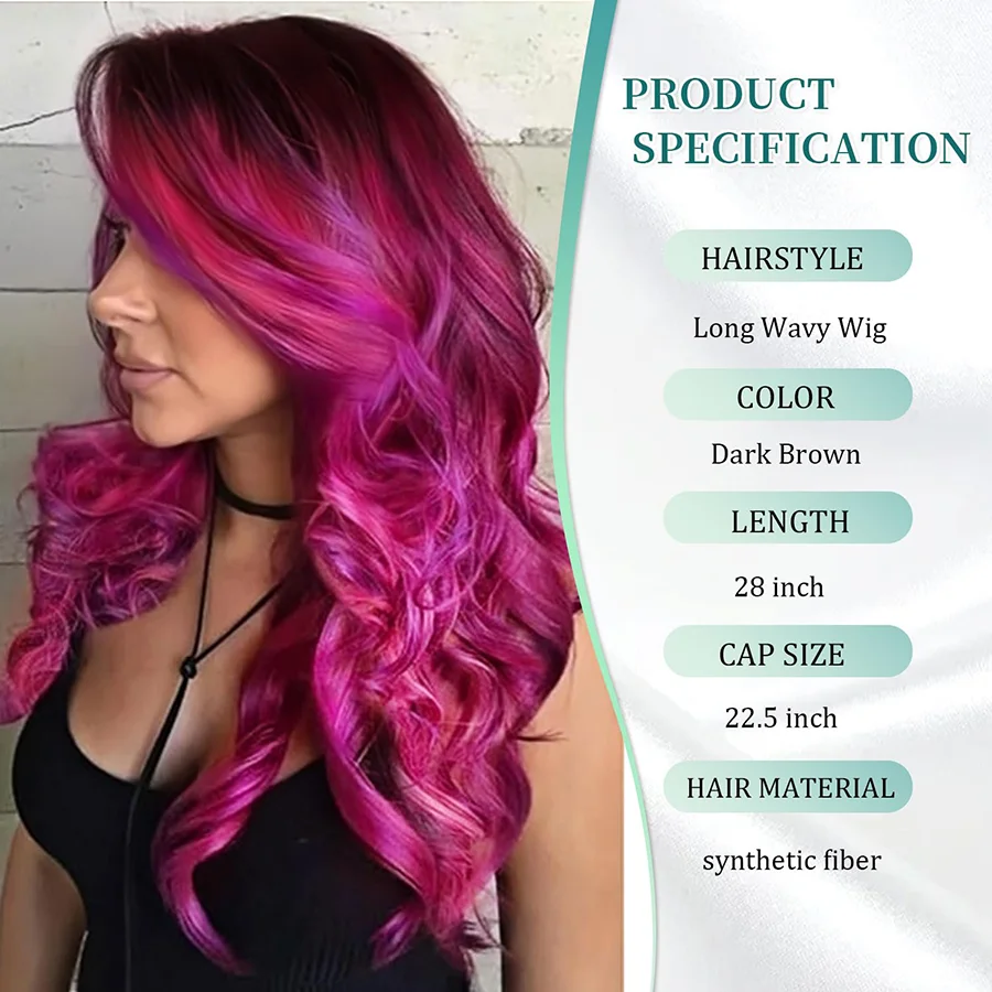 28Inch Ombre Rose pink Long Wavy Wig Middle Part Wavy Synthetic Wigs Natural Looking Heat Resistant Fiber Wig