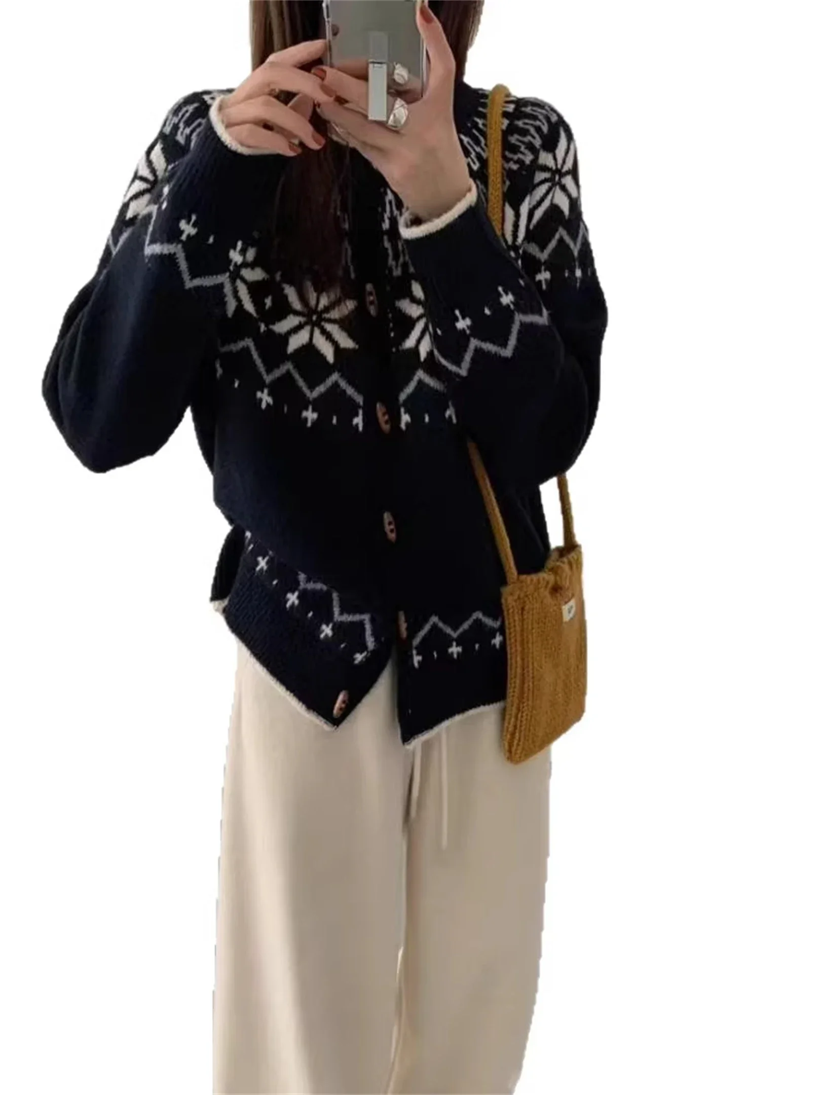 Women's Loose Fitting Belly Covering Sweater Outerwear Retro Embroidery Korean Sle plus Size Knitted round Open Cardigan