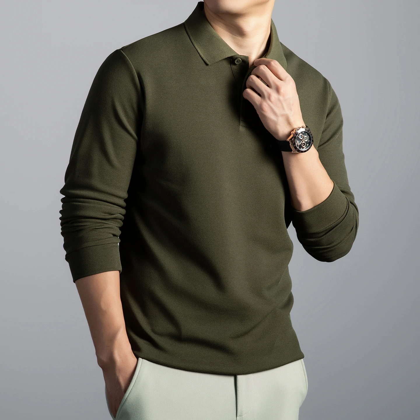 

Высококачественная хлопковая рубашка-поло из смесовой шерсти, 2025 г., мужские осенние классические однотонные деловые топы с длинным рукавом, мужские футболки с отложным воротником