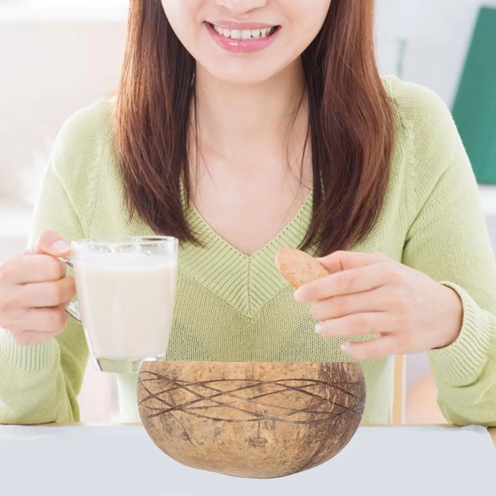 

Coconut Shell Bowl Wood Spoon Kids Friendly Food Container Snack Tray Kitchen Gadgets Fruit Storage Home Restaurant Use
