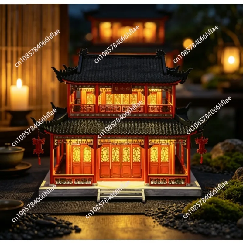 Zen Style Wooden Octagonal Ancient Pavilion Ornament, Soft Decor for Living Room, Entrance & TV Cabinet