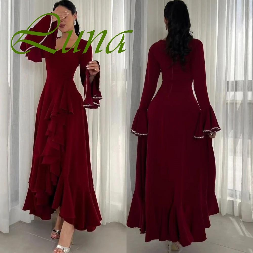 

Customized Elegant Burgundy Cap Sleeve Long Sleeves Evening Dress High Quality Satin Prom Dresses Delicate Party Gowns