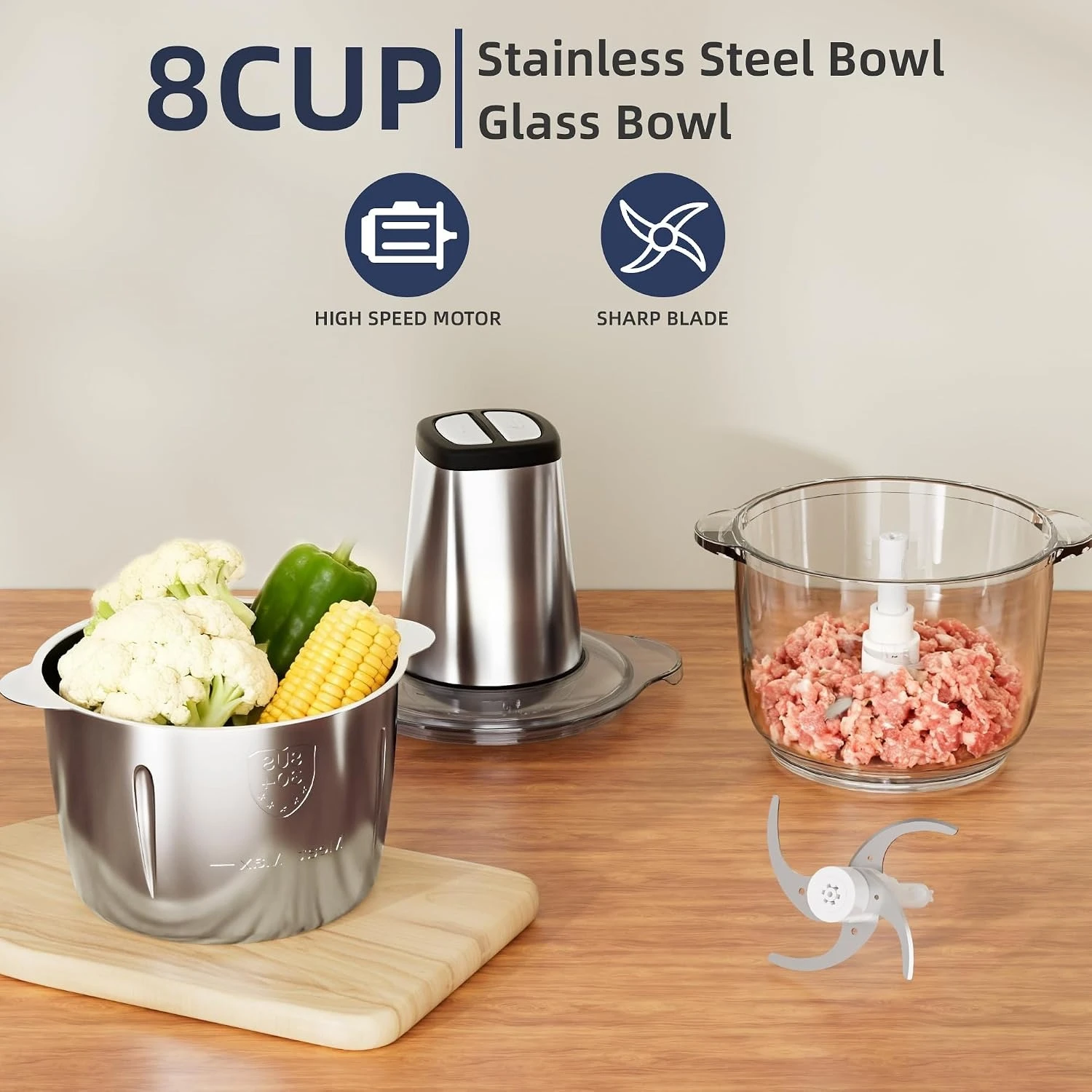 Food Processor Glass Stainless Steel 8 Cup 8 Cup 2 Bowls Pet Food Easy Clean All Season Classic