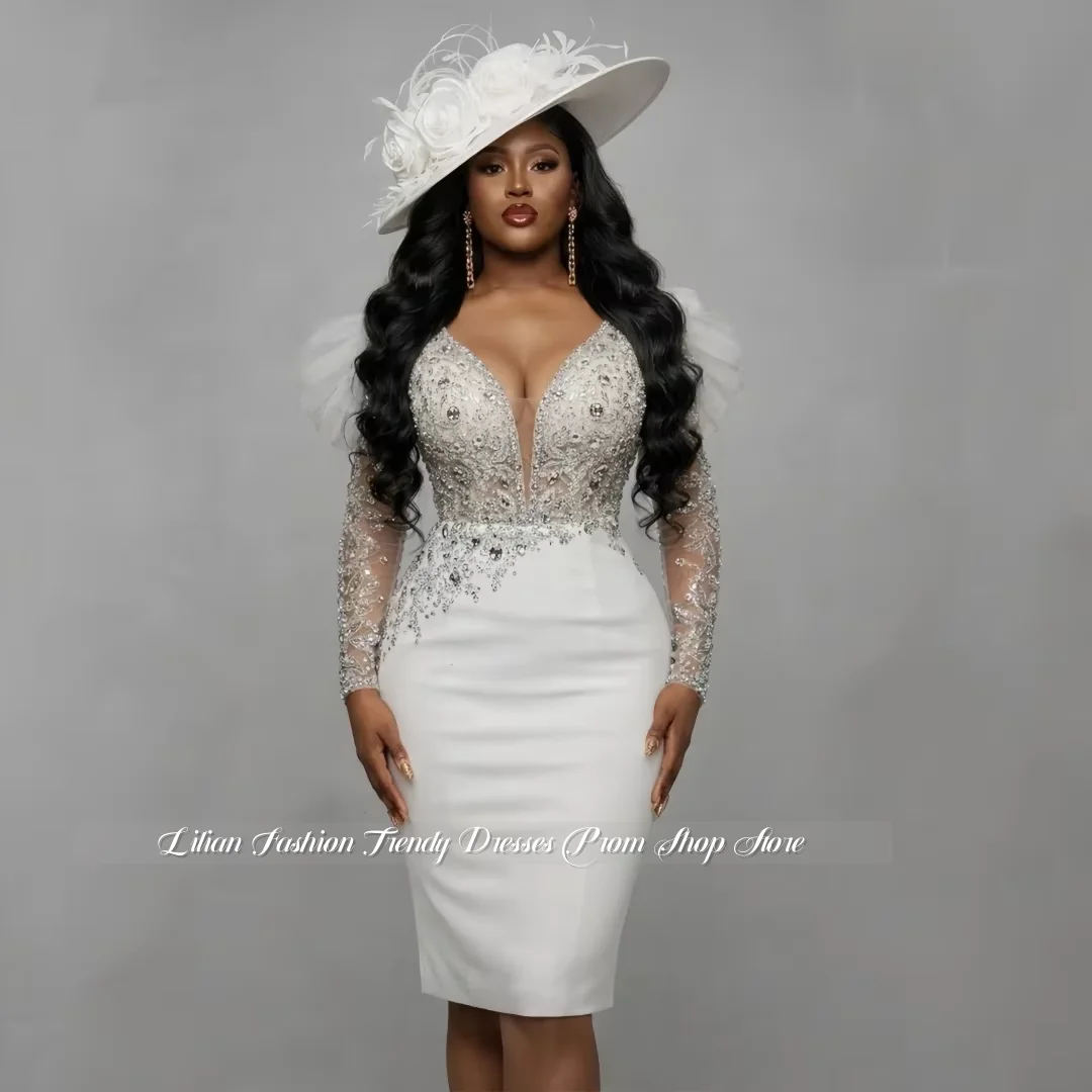 Customized White Heavy Beaded Evening Gown Gemstone Wedding Party Dress Church Event Dress Formal Occasion Dress Banquet Dress