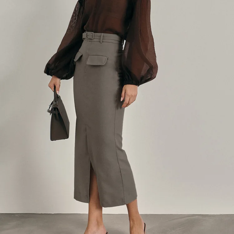 2026 Fashion Women's Skirt Bodycon High Waist Midi Skirt Elegant Classic Solid Slit Casual Pocket Straight Mid-Calf Skirt Female