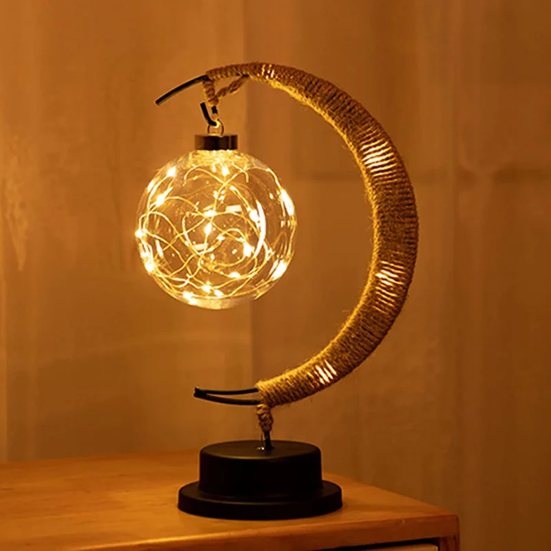 

LED Lantern Night Light Room Christmas Decoration Enchanted Lunar Lamp Home Ornament Handmade Hemp Rope Iron Art Ball Light