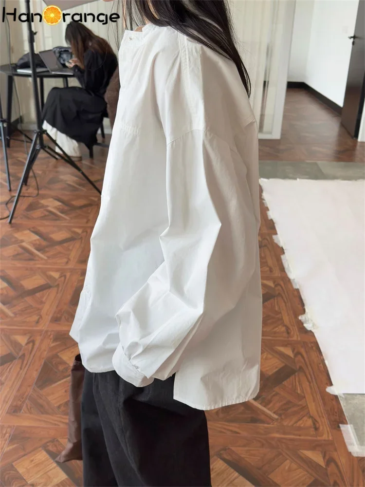 HanOrange 2025 Early Spring Fashion Age Reducing O-neck Lantern Sleeve Shirt Women Loose Silhouette Casual Top White/Pink