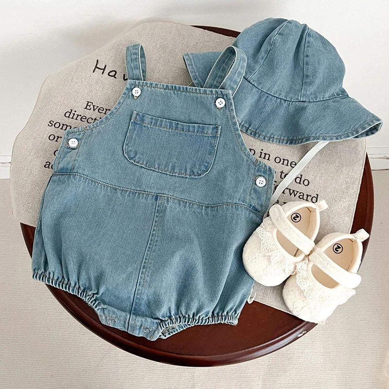 

Boys Girls Summer New Solid Color Sleeveless Denim Jumpsuit Pocket Bodysuit Toddler Baby Boy Cowboy Romper +Hat