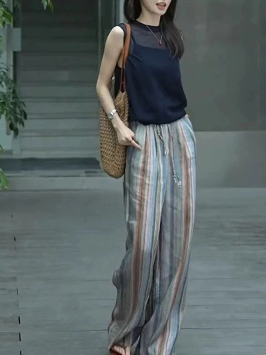 Pantaloni a gamba larga a vita alta Pantaloni estivi larghi in lino casual a righe arcobaleno da donna Pantaloni lunghi dimagranti in lino di cotone dritto