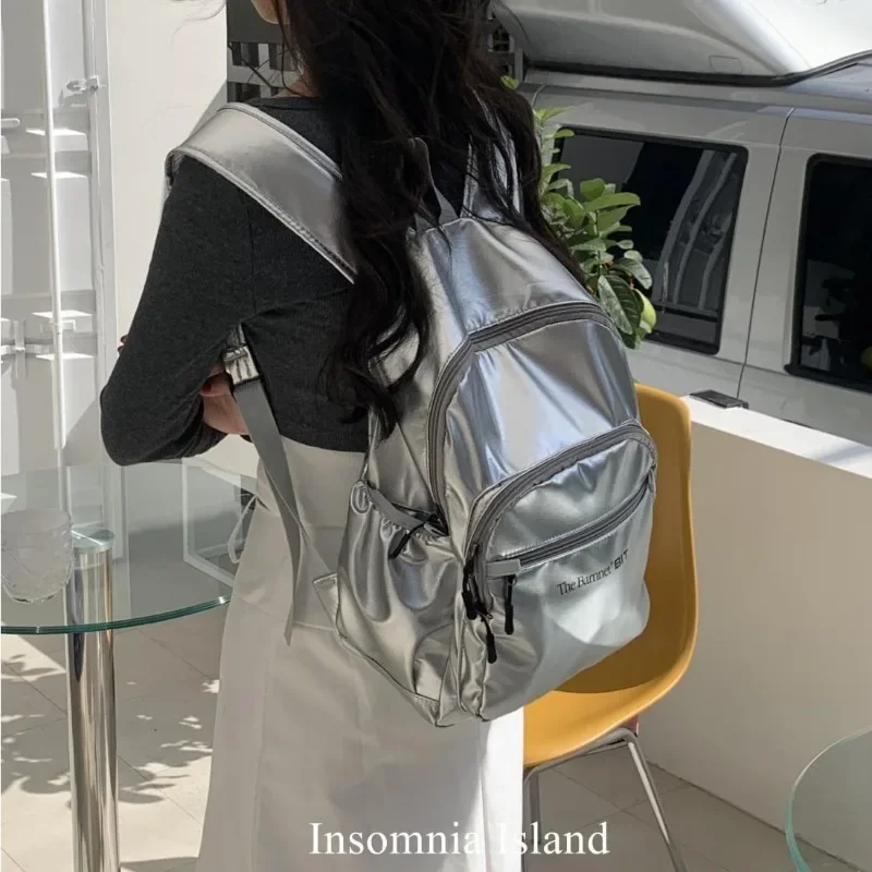 Silver Nylon Large Capacity Commuting Shoulder Backpack Women College Students Travel Schoolbag Waterproof Lightweight Backpacks