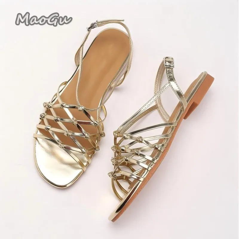 

Gold Women's Woven Gladiator Sandals Round Toe Ankle Strap Flat Beach Shoes Bohemian Summer Casual Footwear Sandalias Mujer