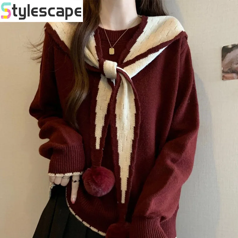 

Ankela Red Lace Up Shawl Sweater for Women's Spring, Autumn, and Winter Western Style Knitted Sweater for Women Pullovers