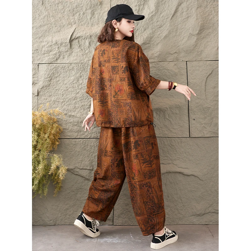 Masss Wasss 2026 Summer British Outfit Women Loose Printed 2 Pieces Sets Vintage Top O Neck Tshirt Casual Trousers Classic Pants
