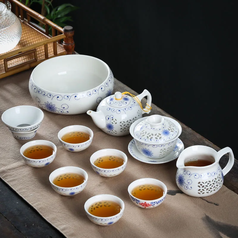 11PCS Hollow Honeycomb Kung Fu Tea Set Blue and White Porcelain Drinkware Ceramic Glass Teacup Teapot Gaiwan Strainer Fair Cup