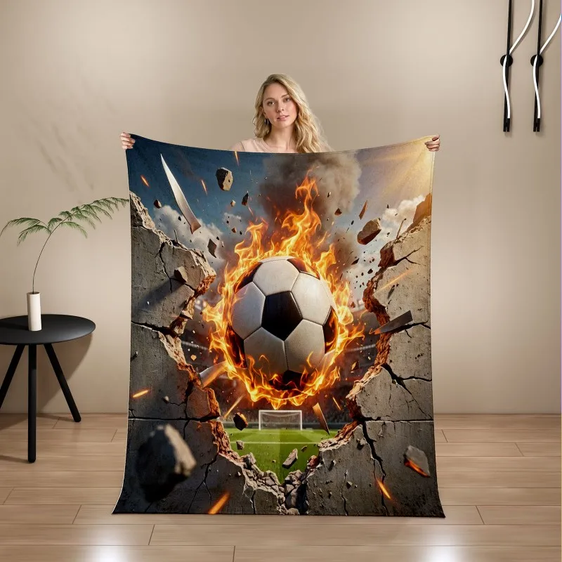 Soccer Fire Cracked Wall Print Flannel Blanket, Soft Warm Throw Blanket for Sofa Bedroom Office Nap Gift