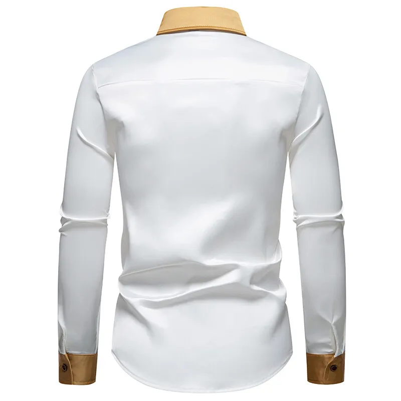 Spring Men's Satin Luxury Color Blocked Shirts Fashion Smooth Tuxedo Long Sleeve Shirt Wedding Party Prom Casual Shirt Business