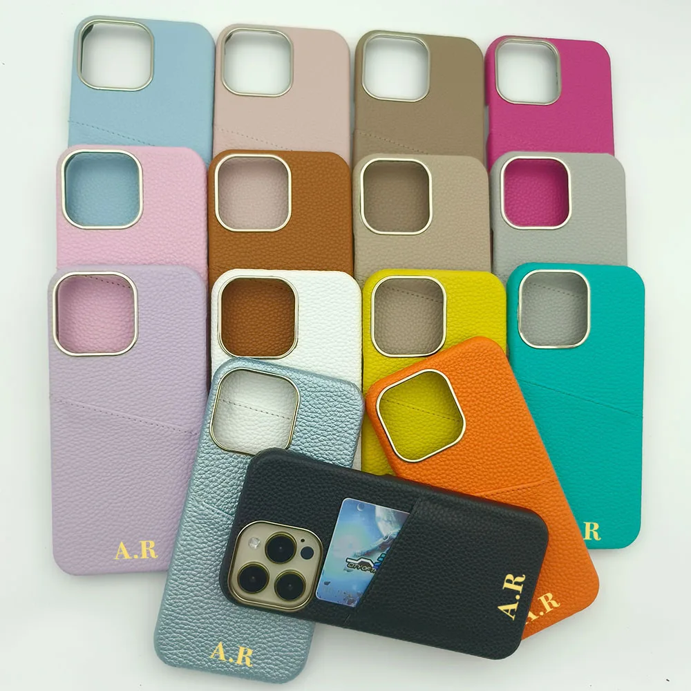 Custom Initial Name Pebble Card Holder Leather Phone Case For iPhone 15 14ProMax 14Plus 13Promax 13 Personalization Phone Cover