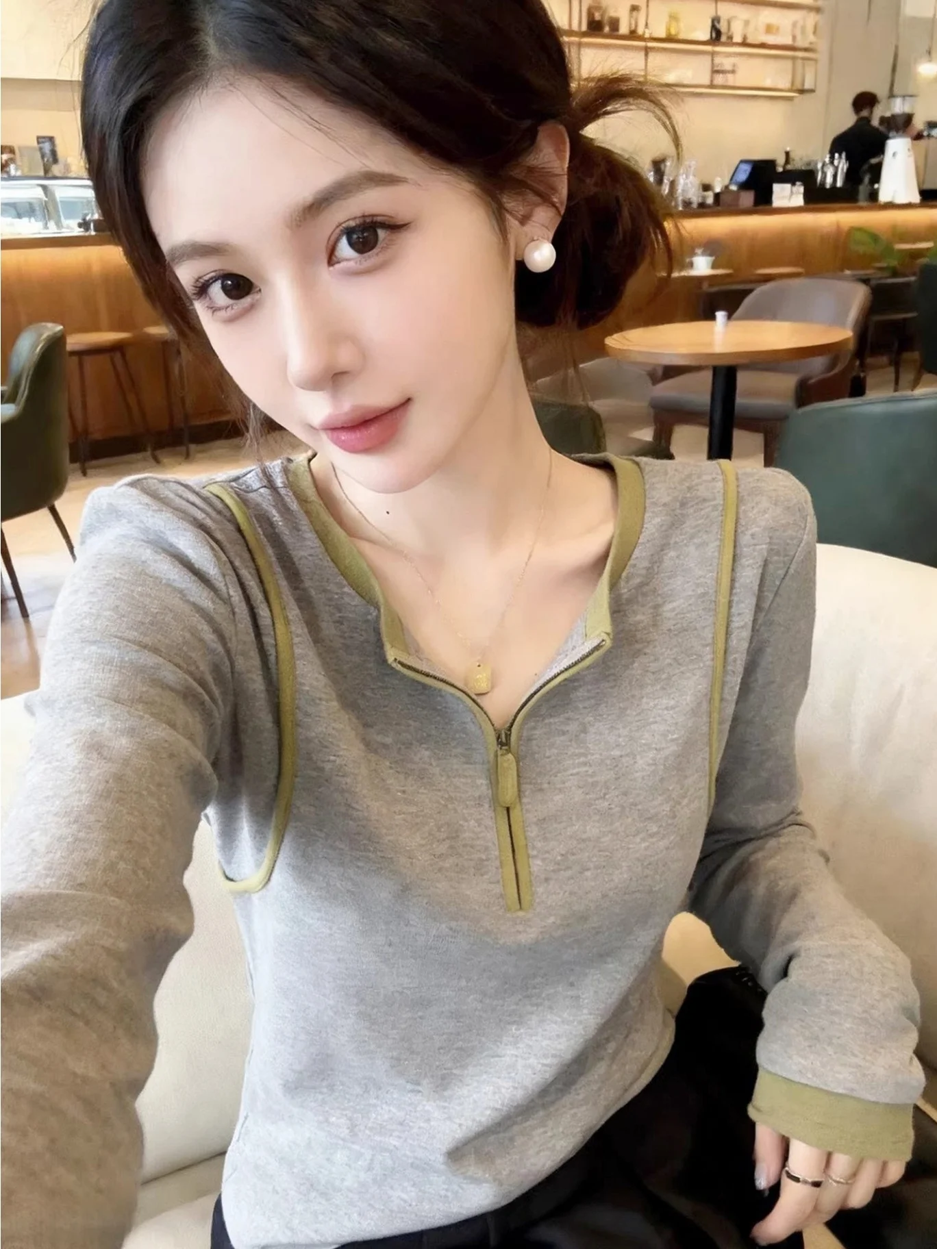 

Весна 2026: Женская футболка с длинным рукавом на молнии, облегающая, базовый слой, универсальный топ, стандартная длина рукава