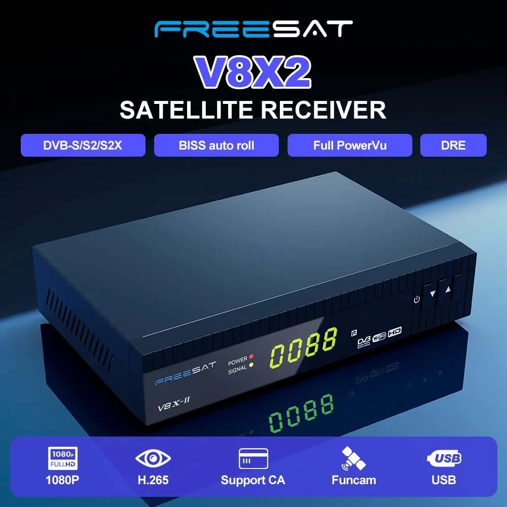 FREESAT V8X2 DVB-S/S2/S2X спутниковый ресивер H.265 HD Поддержка автоматического рулона BISS, Full PowerVu, DRE, встроенный WIFI V8X2 funcam Mars