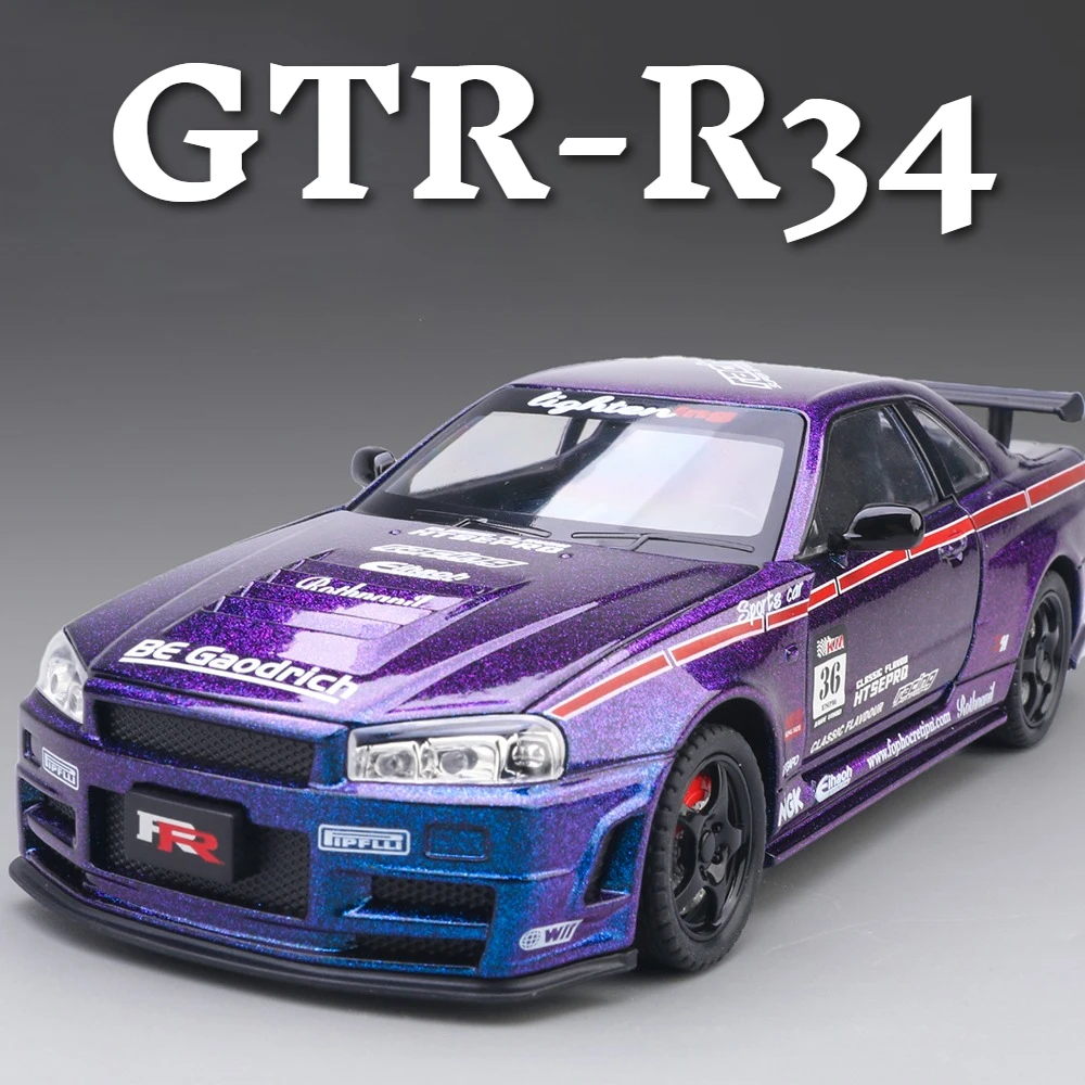 Scale 1:24 GTR R34 Car Model Toy Wheel Steering Doors Opened Sports Cars Music Light Pull Back Models Boys Interactive Toys