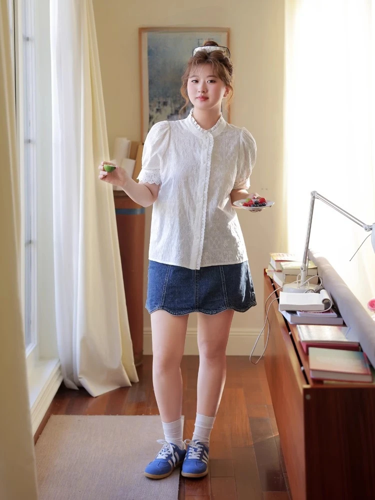 Large Size Women White Cotton Embroidered French Lace Stand-up Collar Simple Short Sleeve  Versatile Korean Puff Sleeve Shirt