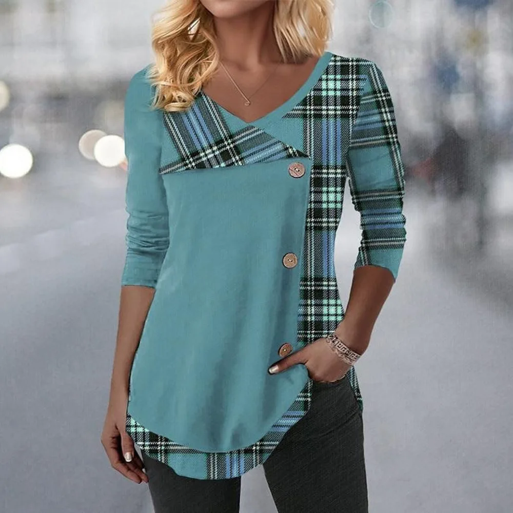 

Women's V-neck Women Long Sleeved For Versatile Checkered Printed Tops Tees Female Casual Streetwear Pulovers