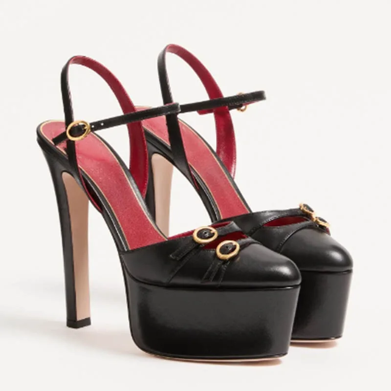 French Style Luxury High-Heeled Shoes with Thick Toe and Hollowed Out Back for Banquets, Women's Buckle Strap Sandals