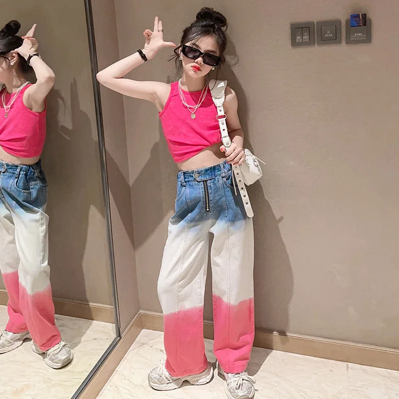 

Girls Summer Clothes Set Children Outfits Teen Girls Slim Crop Vest + Gradient Denim Wide-leg Pants 2 Pcs Suits Kids Costume