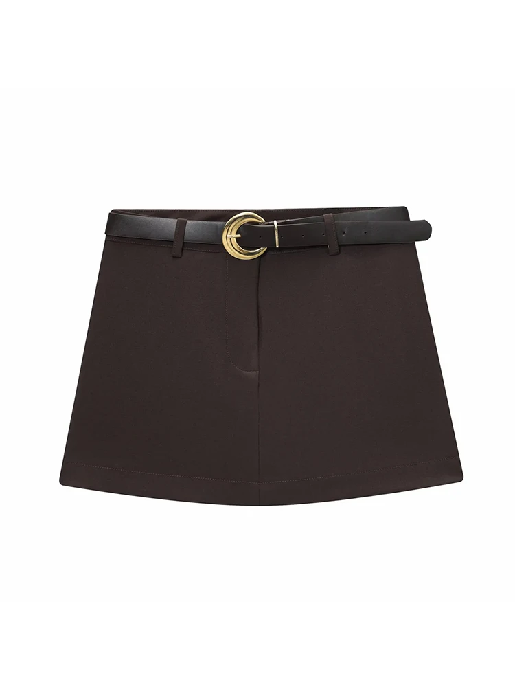 ZOCI Women Office Chocolate Brown Suit Women V Neck Double Button Blazer Belt Mini Shorts Skirt Fashion Vintage Female Sets view 5