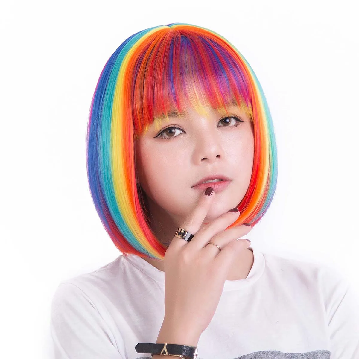 Navidad Halloween fiesta de vacaciones Rainbow Bobo cosplay peluca de pelo sintético corto y recto