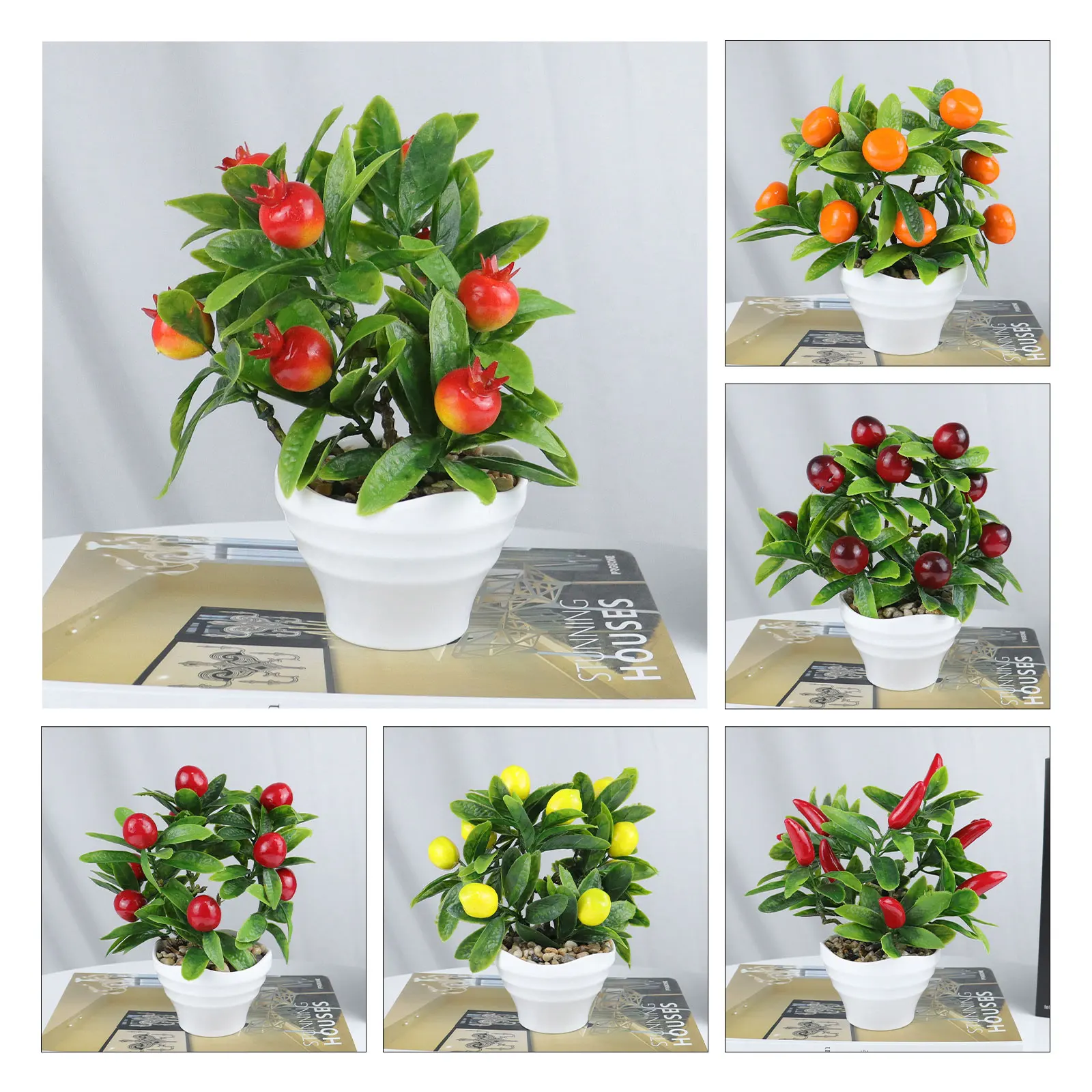 Artificial Plant Bonsai Orange Pomegranate Fruit Tree Window Sill Decoration Plastic Garden Fake Plant Potted Mini Plastic Tree