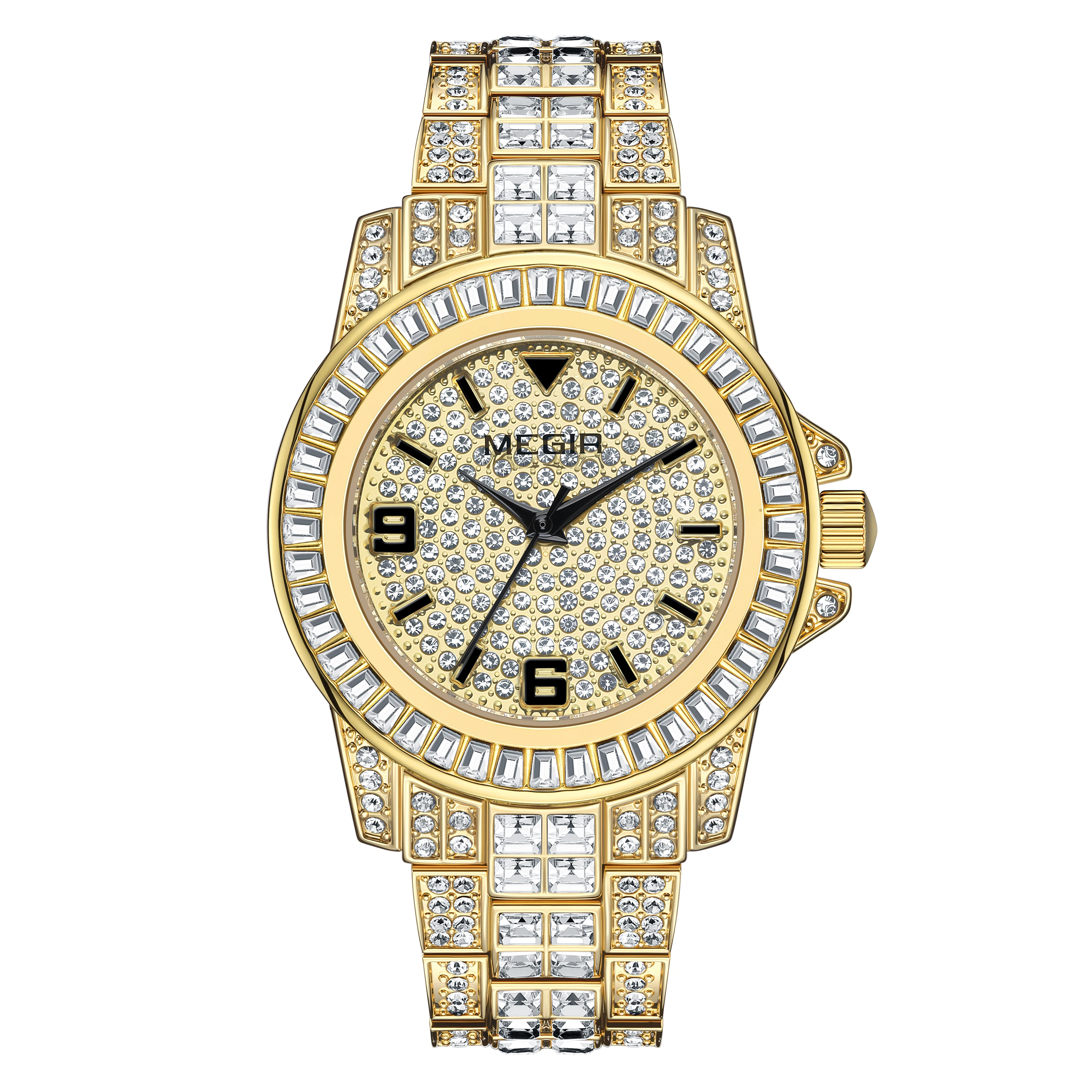 MEGIR Quartz Watch for Men Luxury Diamonds Golden Watch Man Waterproof Rhinestone Wrist Watch Business Men's Steel Band Watches
