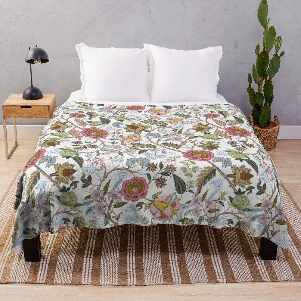 Chintz retro vintage, Indian, Jacobean Chintz, Spring colors, Throw Blanket Bed linens Soft Beds warm winter Blankets